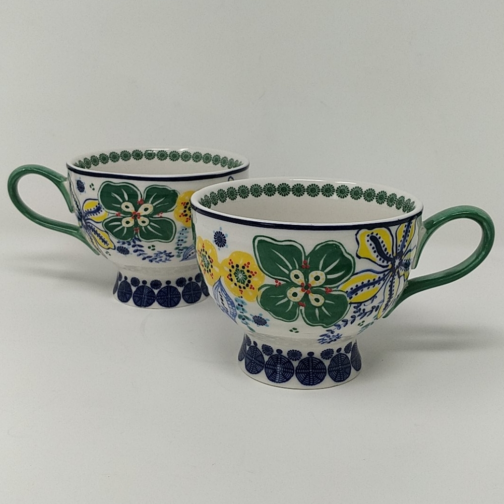 Anthropologie Large Footed Stoneware Floral Cups - Picture 1 of 7